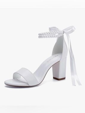 White Pearl-Embellished Block Heel Sandal with Ankle Tie